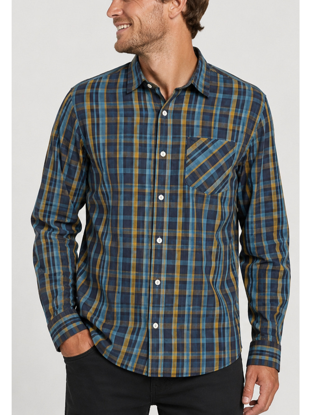 Volcom Classic Plaid Button Up Shirt Mens M Blue Gold Long Sleeve Cotton Blend
